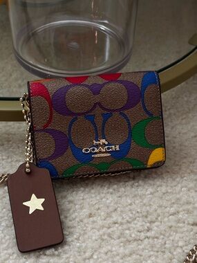 Coach Multicolor Signature Card Case with Gold Crossbody Chain